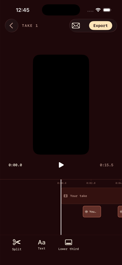 The take editor: your take and reader lines on a timeline, with split, text, and lower third tools
