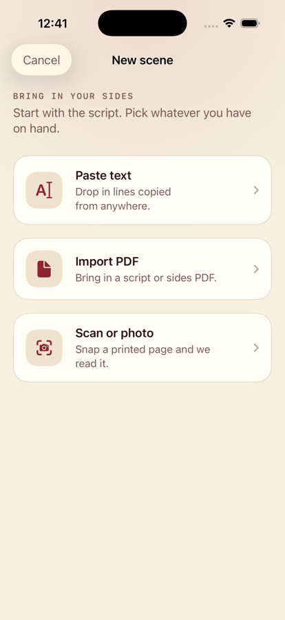 New scene screen: paste text, import a PDF, or scan a printed page